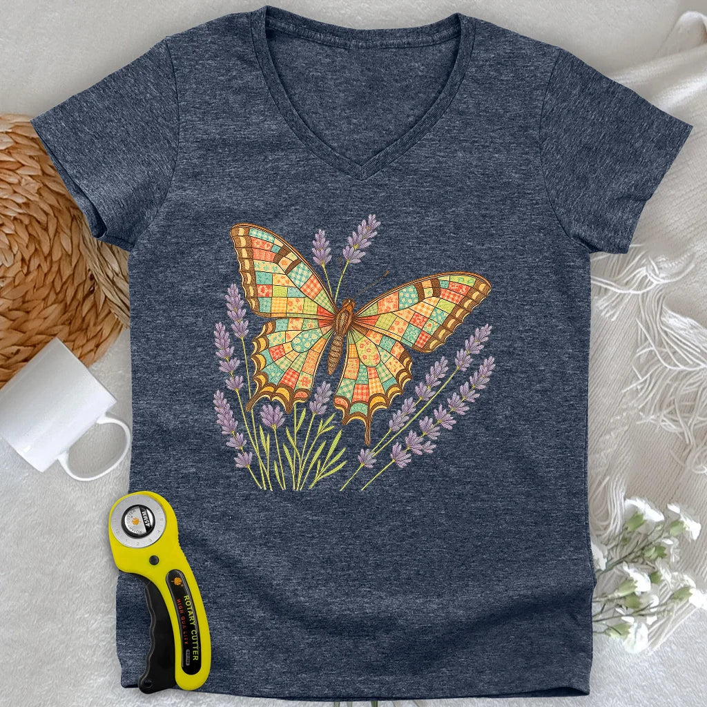 T-shirt papillon patchwork col en V pour femme