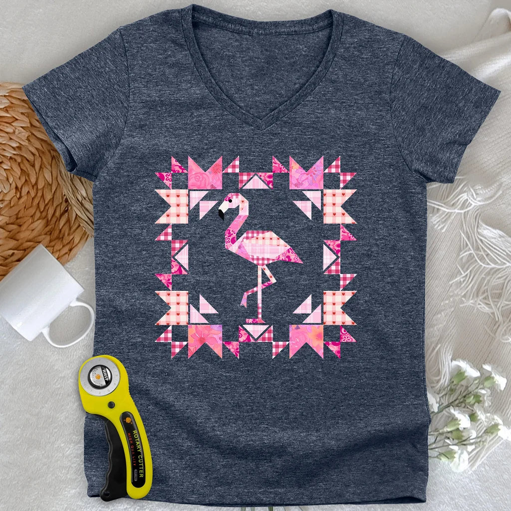 Patchwork Flamingo Panel Damen V-Ausschnitt