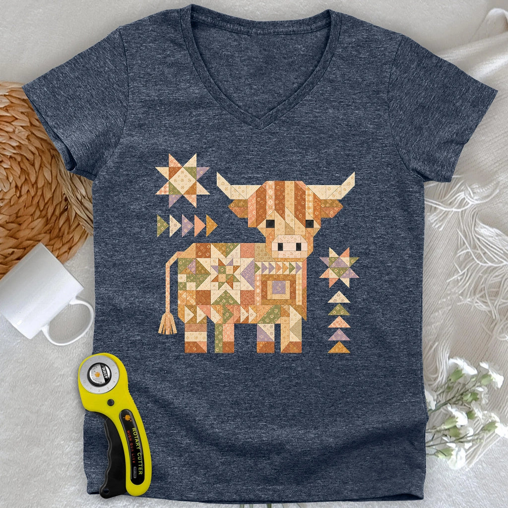 Patchwork Highland Cow Lady V-neck