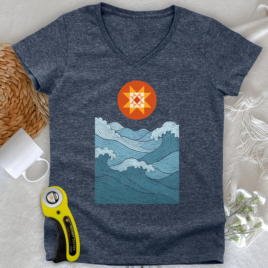 Quilted Sunset Ocean Lady V-neck