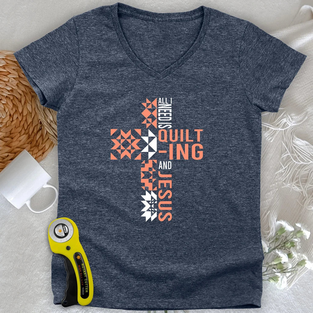 T-shirt col en V « Quilting et Jésus » pour femme