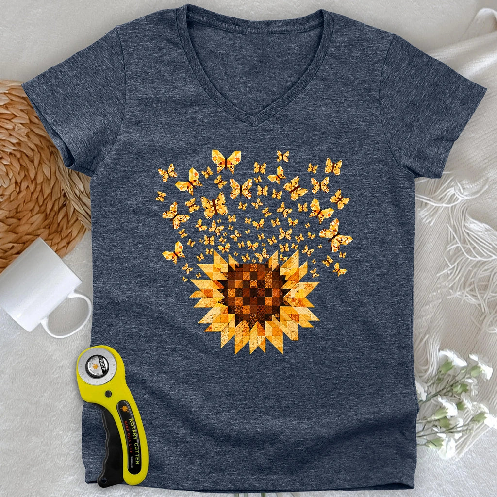 Sunflower Magic Quilt Bloom Lady V-neck