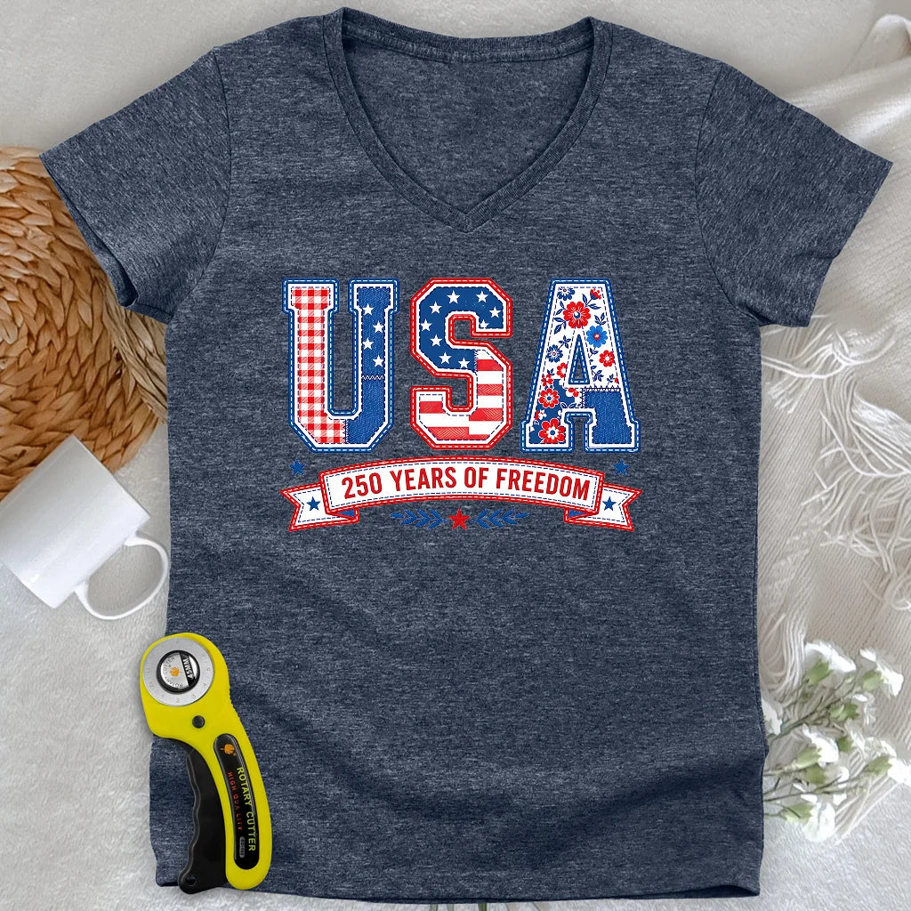 USA Patchwork Freedom Lady V-neck