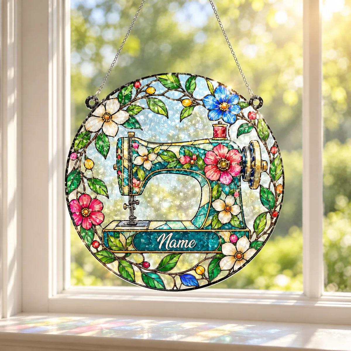 Personalized Floral Sewing Machine Suncatcher