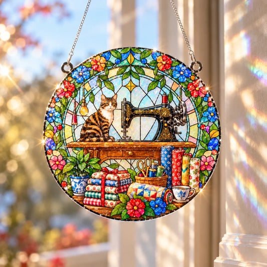 Sewing Machine Cat Suncatcher
