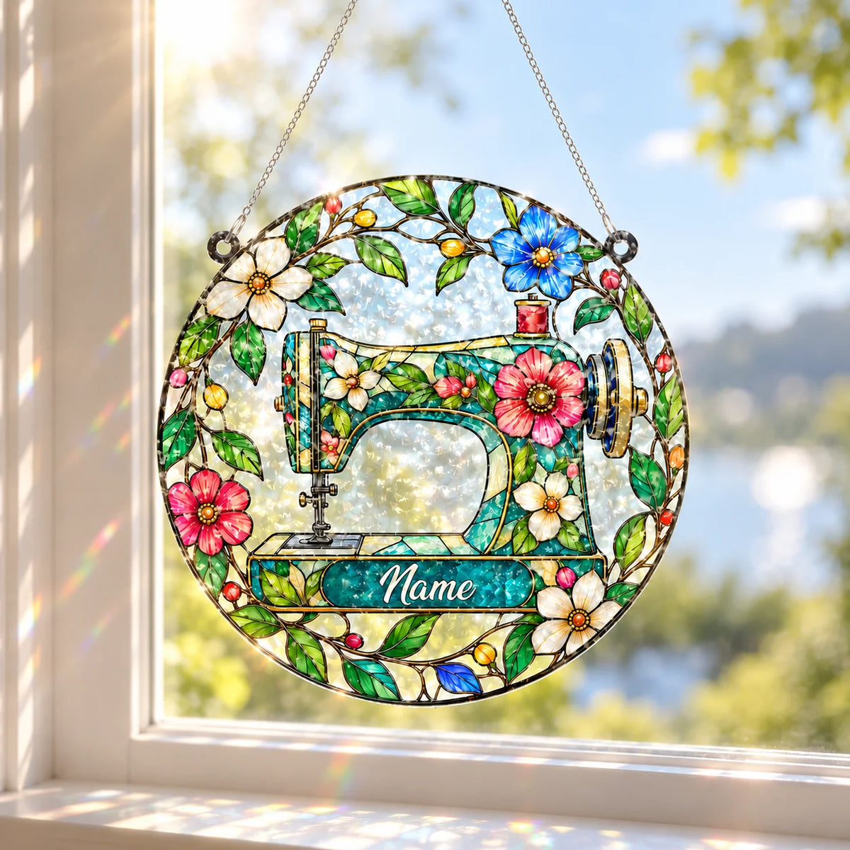 Personalized Floral Sewing Machine Suncatcher