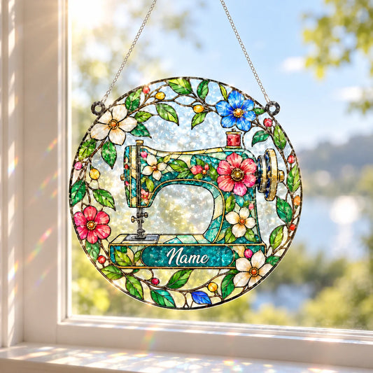 Personalized Floral Sewing Machine Suncatcher