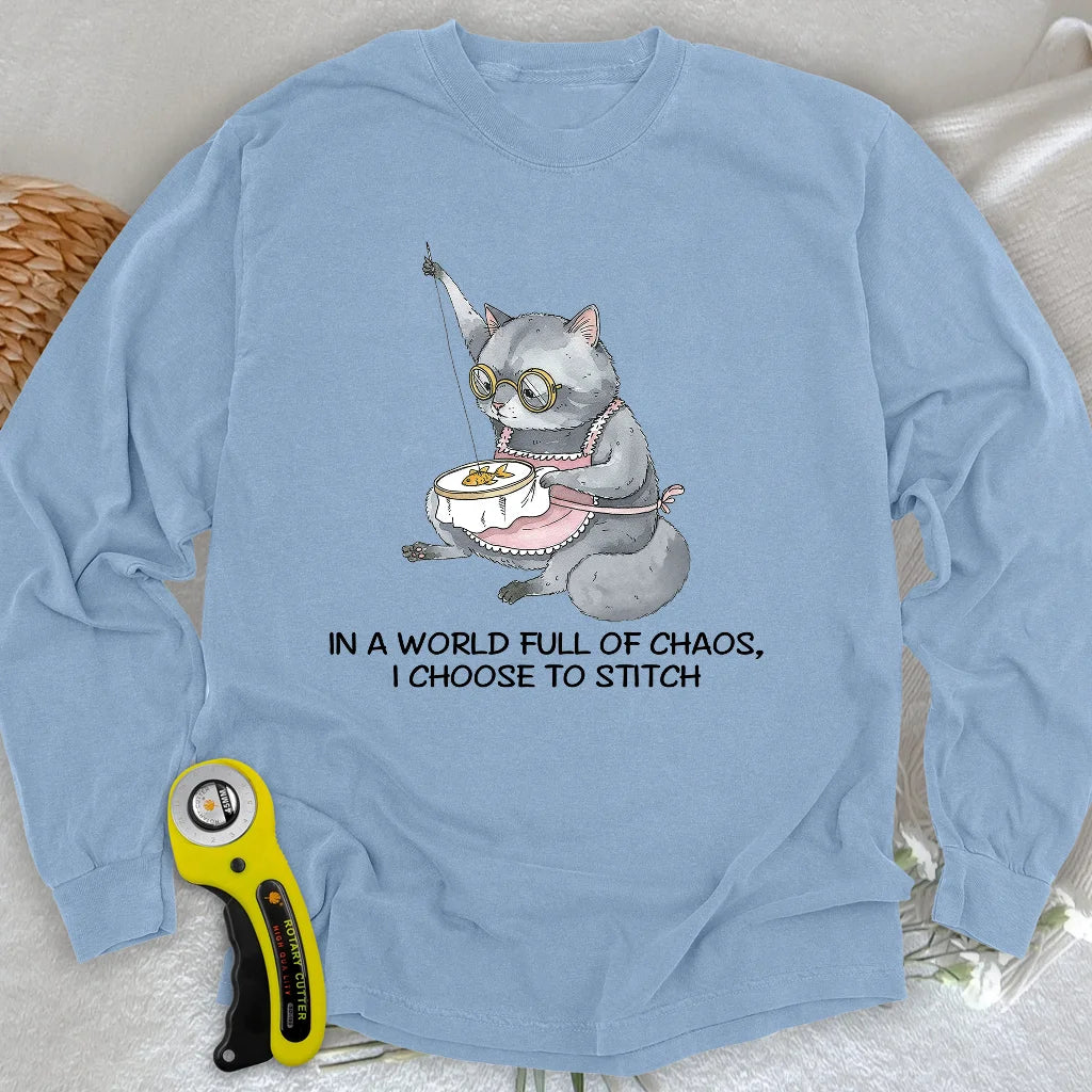 Langarm-T-Shirt "Oma Katze Näherin"