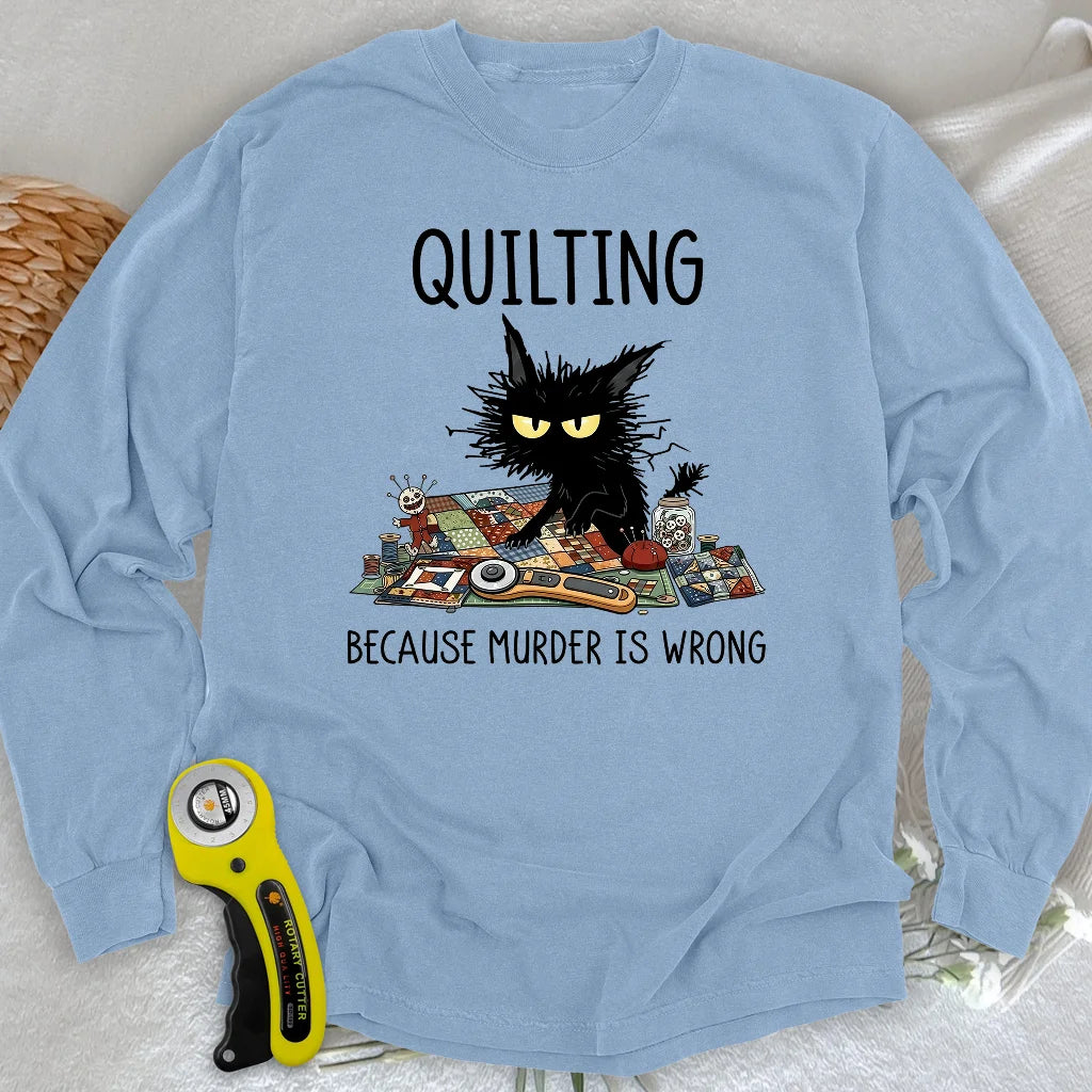 Mürrische Quilter-Katze Langarm-T-Shirt