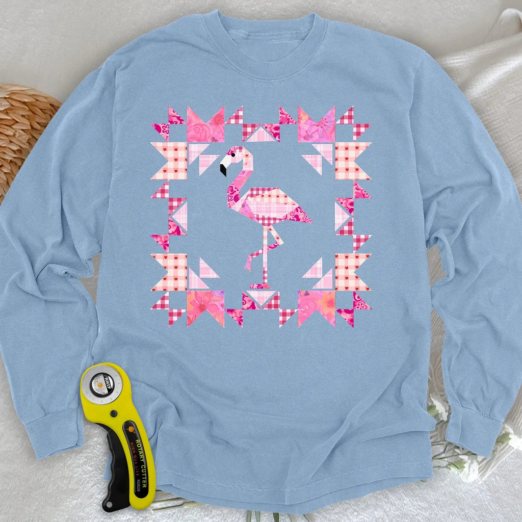Patchwork-Flamingo-Panel-Langarmshirt