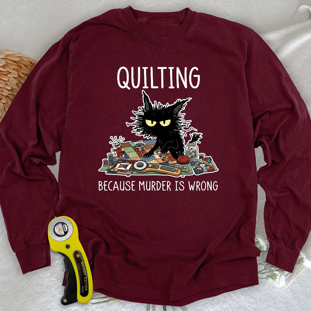 Mürrische Quilter-Katze Langarm-T-Shirt
