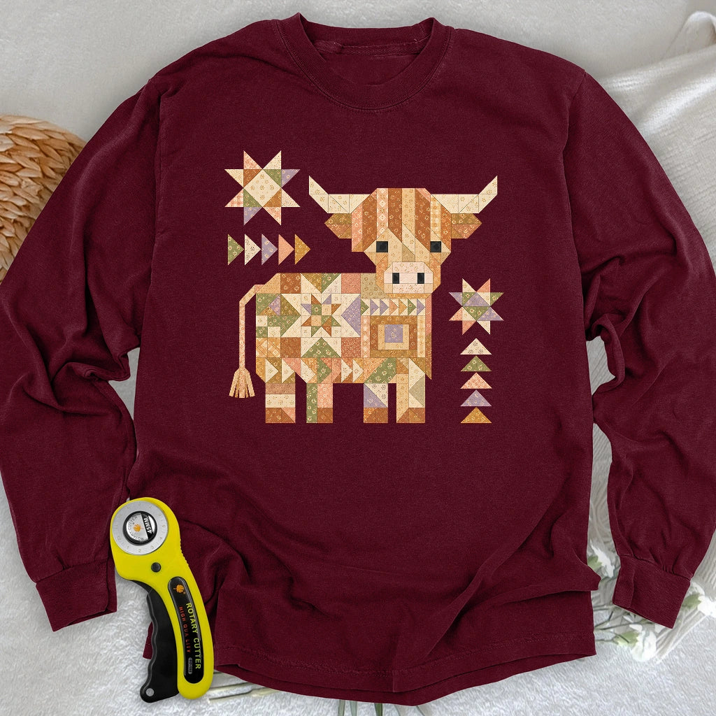 Patchwork Highland Cow Long Sleeve T-shirt
