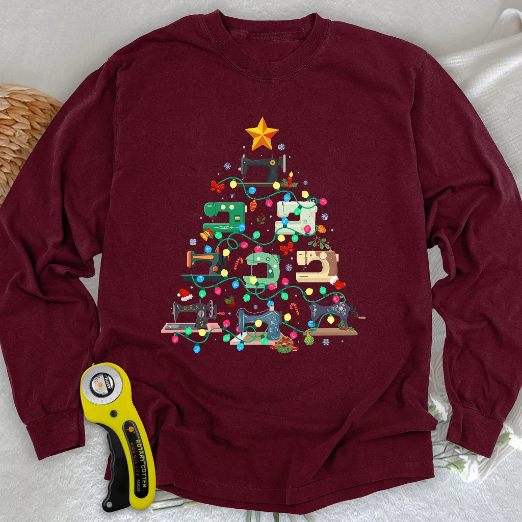 T-shirt à manches longues motif sapin de Noël cousu
