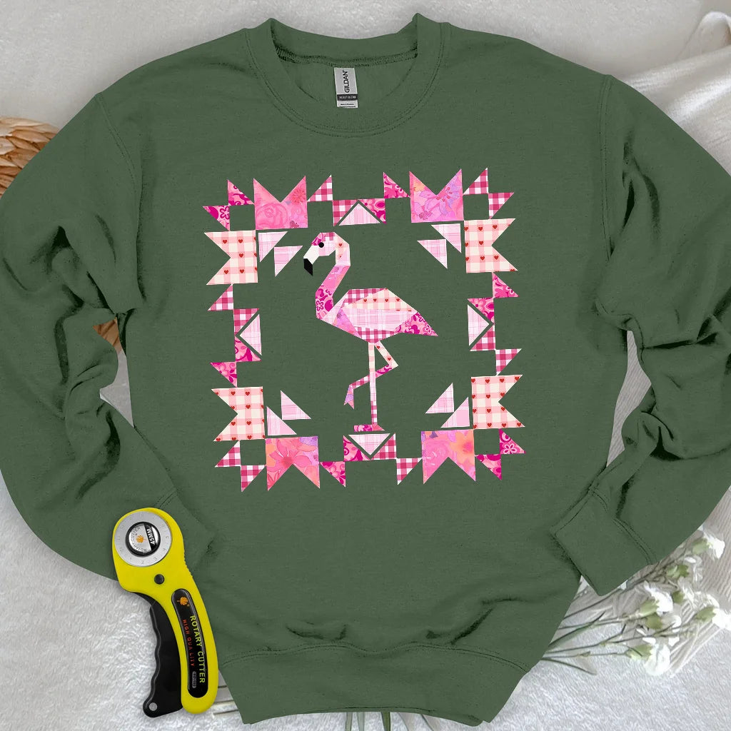 Sweat-shirt panneau patchwork flamant rose