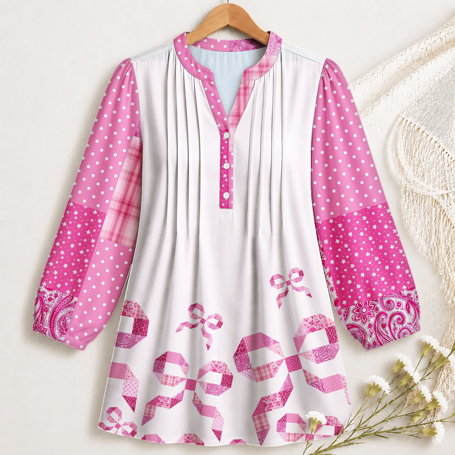 Bow Pink Patchwork Blouse