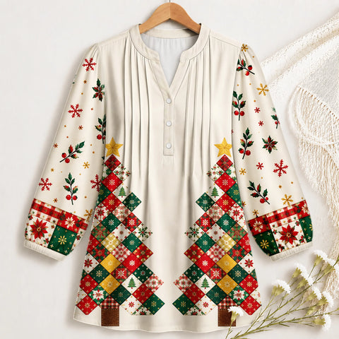 Christmas Quilt Tree Tunic Blouse