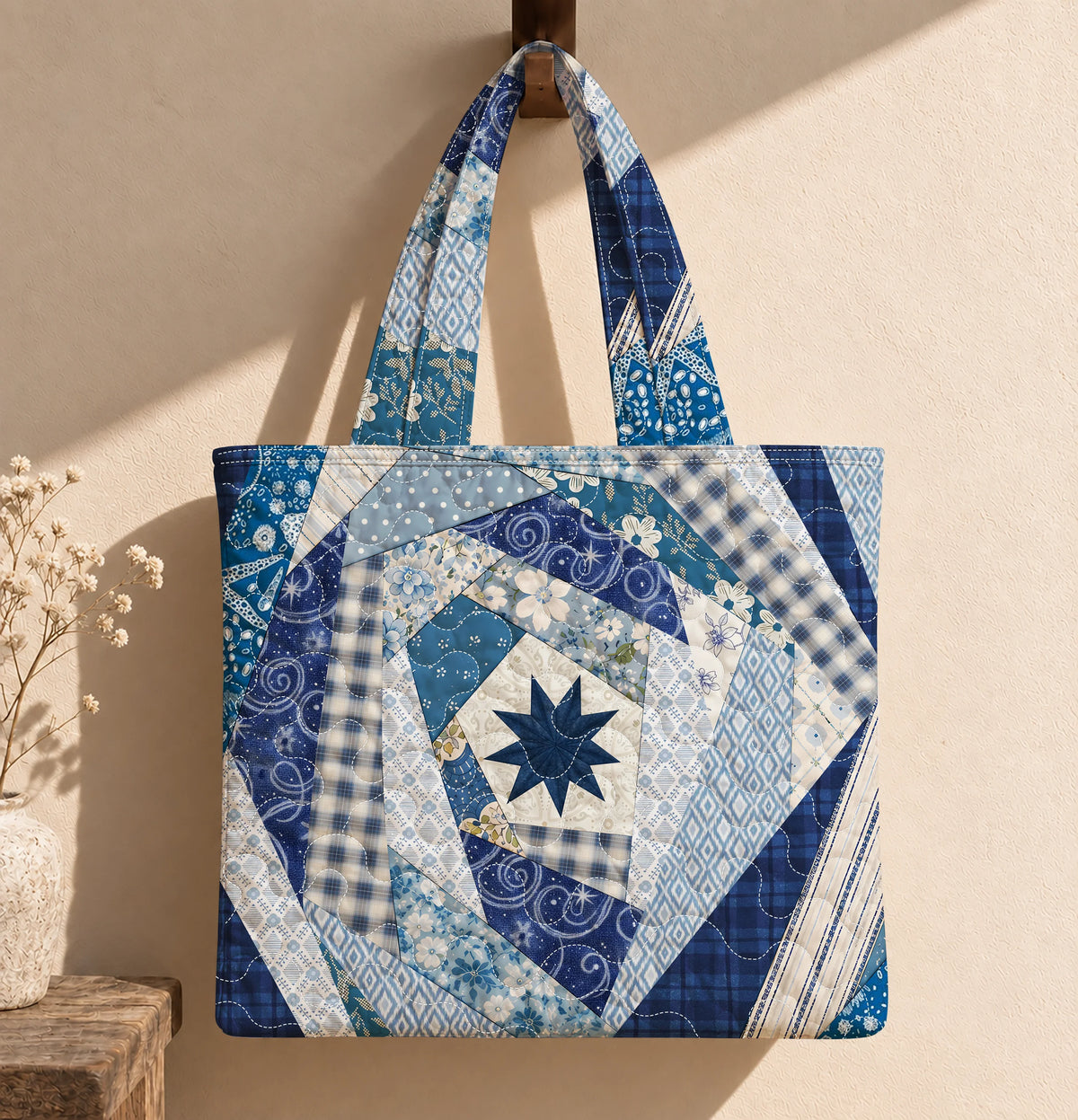 Blue Quilted Patchwork Quilted Tote Bag
