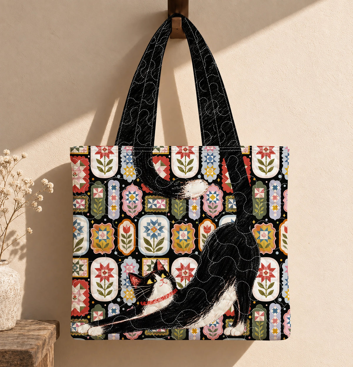 Stretching Tuxedo Cat Quilted Tote Bag