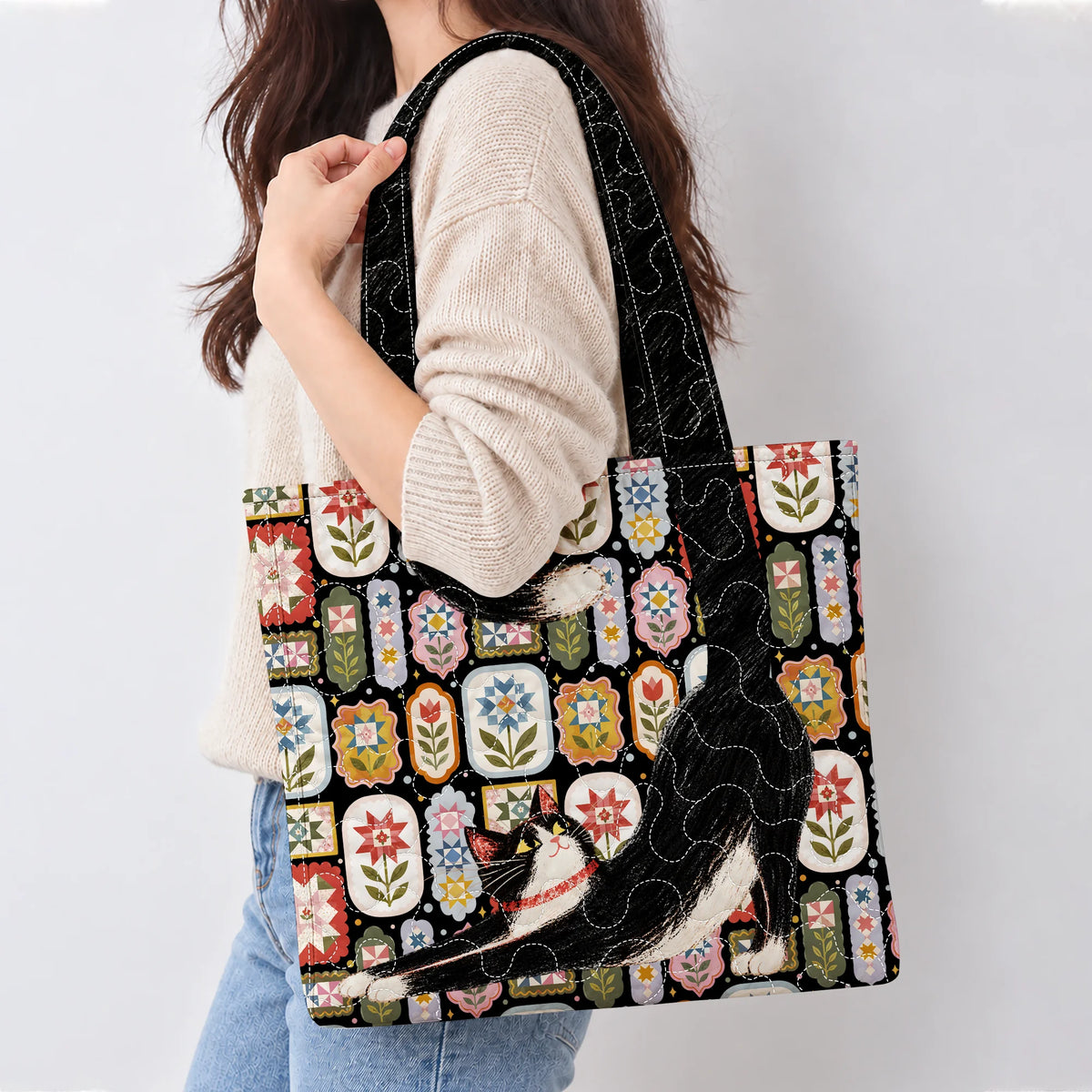 Stretching Tuxedo Cat Quilted Tote Bag