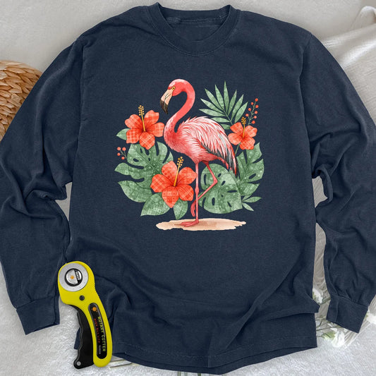 Flamingo- & Blumen-Patchwork-Langarmshirt