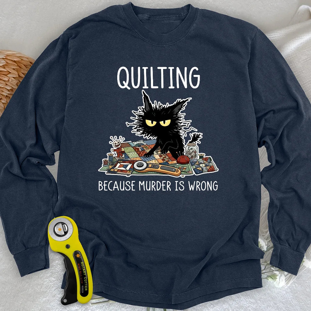 Mürrische Quilter-Katze Langarm-T-Shirt