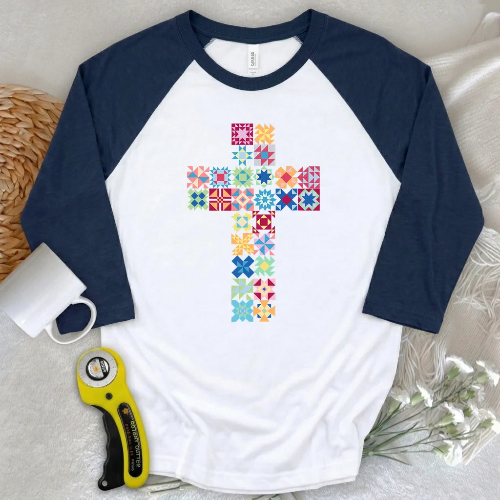 Patchwork Faith Cross 3/4 Sleeve T-shirt