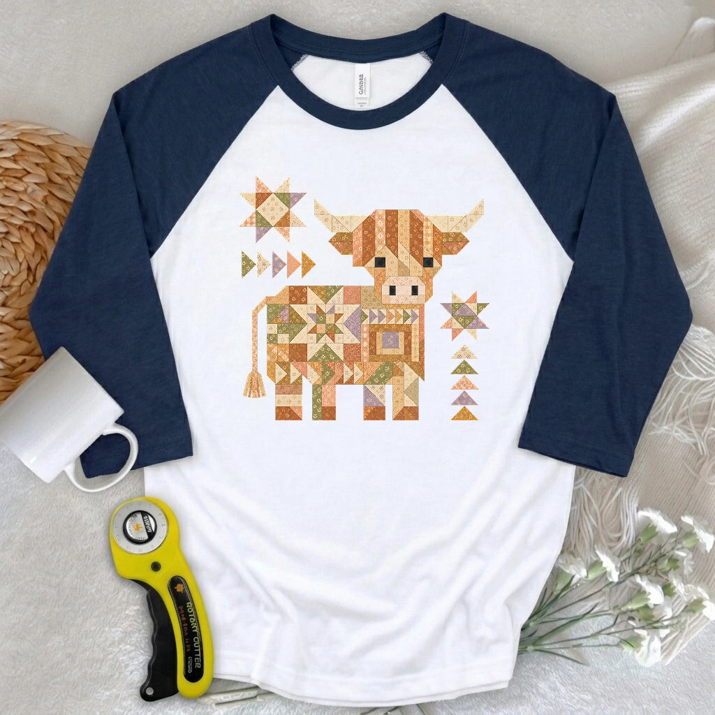 Patchwork Highland Cow 3/4 Sleeve T-shirt