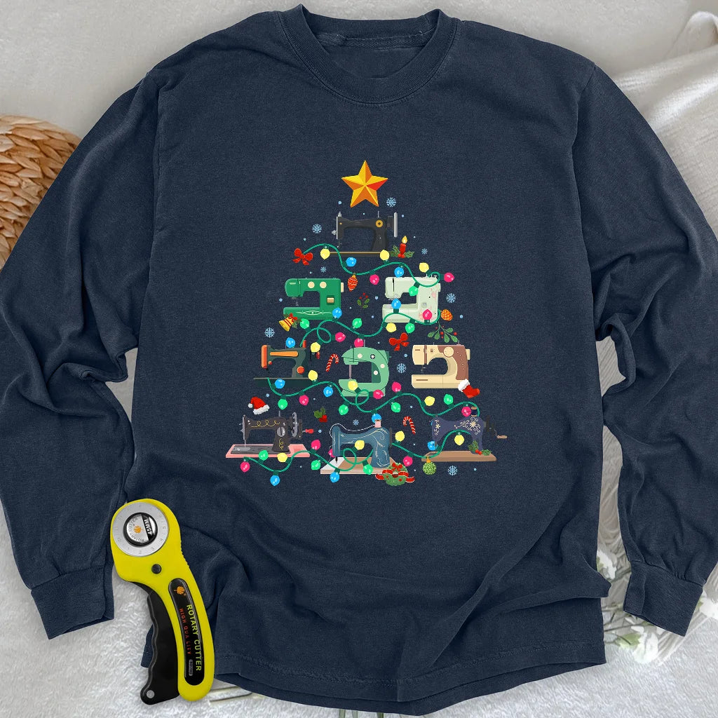 T-shirt à manches longues motif sapin de Noël cousu