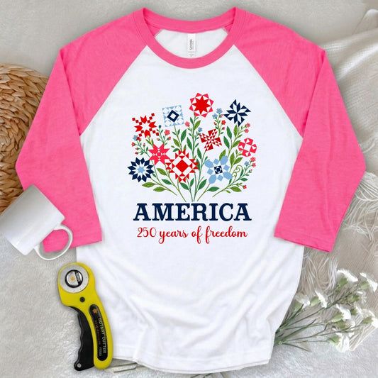 Americana Quilt Blooms 3/4 Sleeve T-shirt