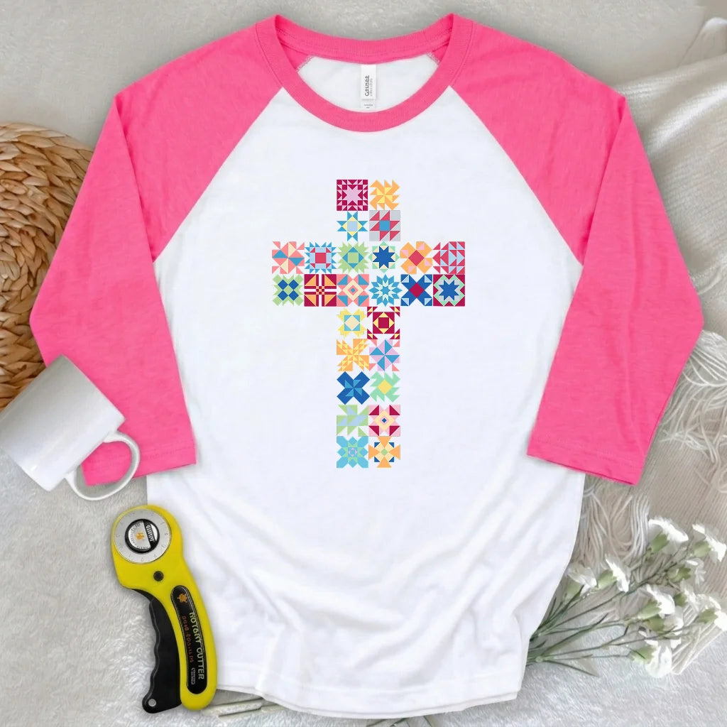 Patchwork Faith Cross 3/4 Sleeve T-shirt