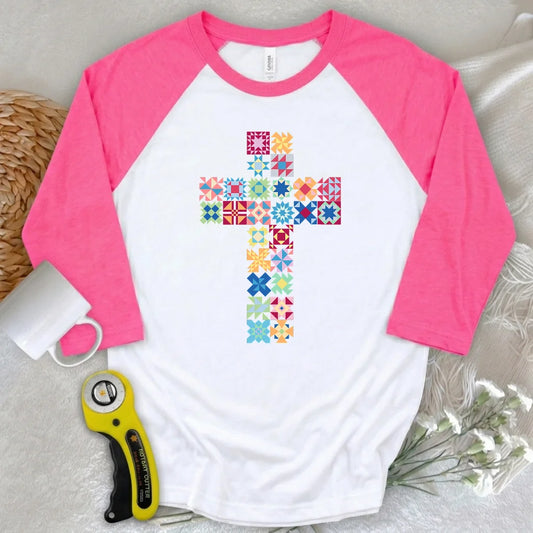 Patchwork Faith Cross 3/4 Sleeve T-shirt