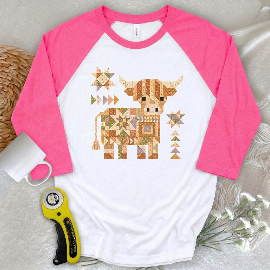 Patchwork Highland Cow 3/4 Sleeve T-shirt