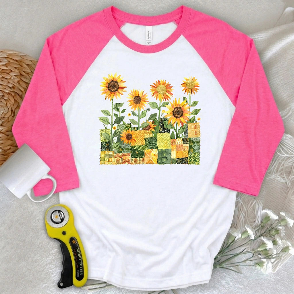 Quilted Sunflower Field 3/4 Sleeve T-shirt