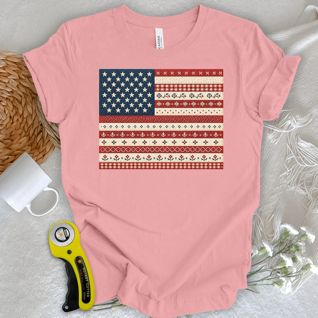 American Flag Cross-Stitch Sampler T-shirt