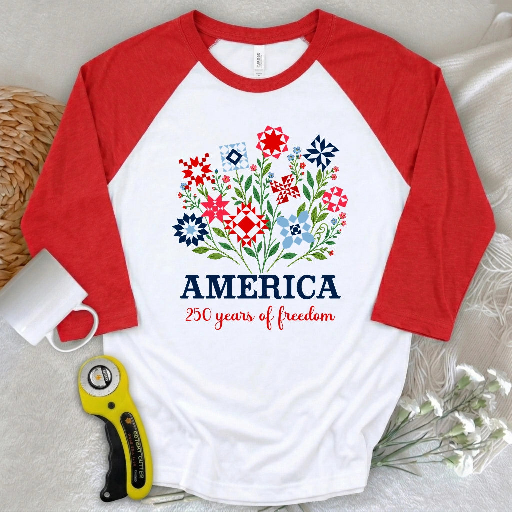 Americana Quilt Blooms 3/4 Sleeve T-shirt