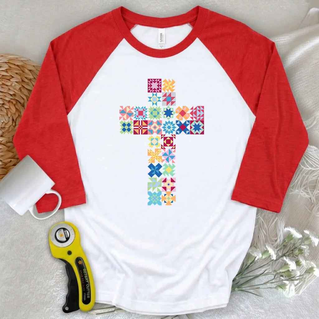 Patchwork Faith Cross 3/4 Sleeve T-shirt