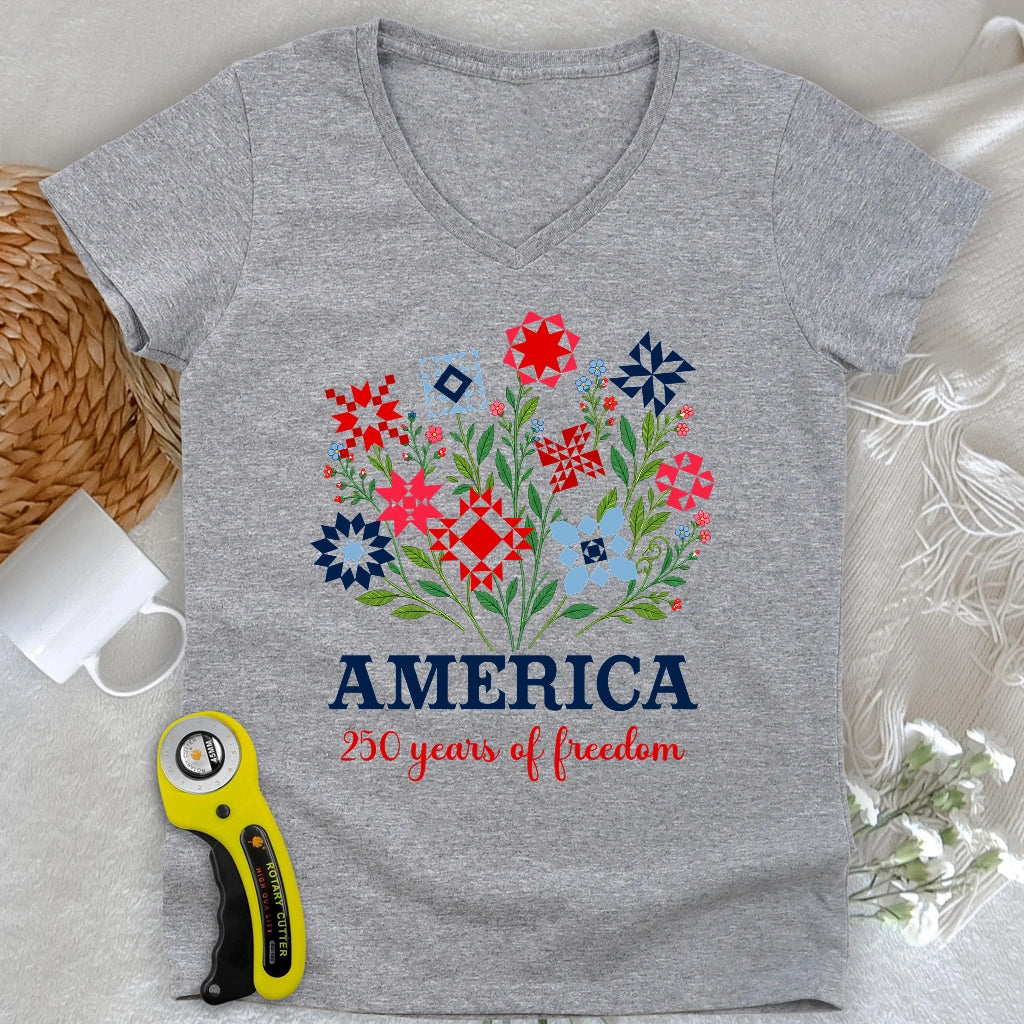 Americana Quilt Blooms Lady V-neck