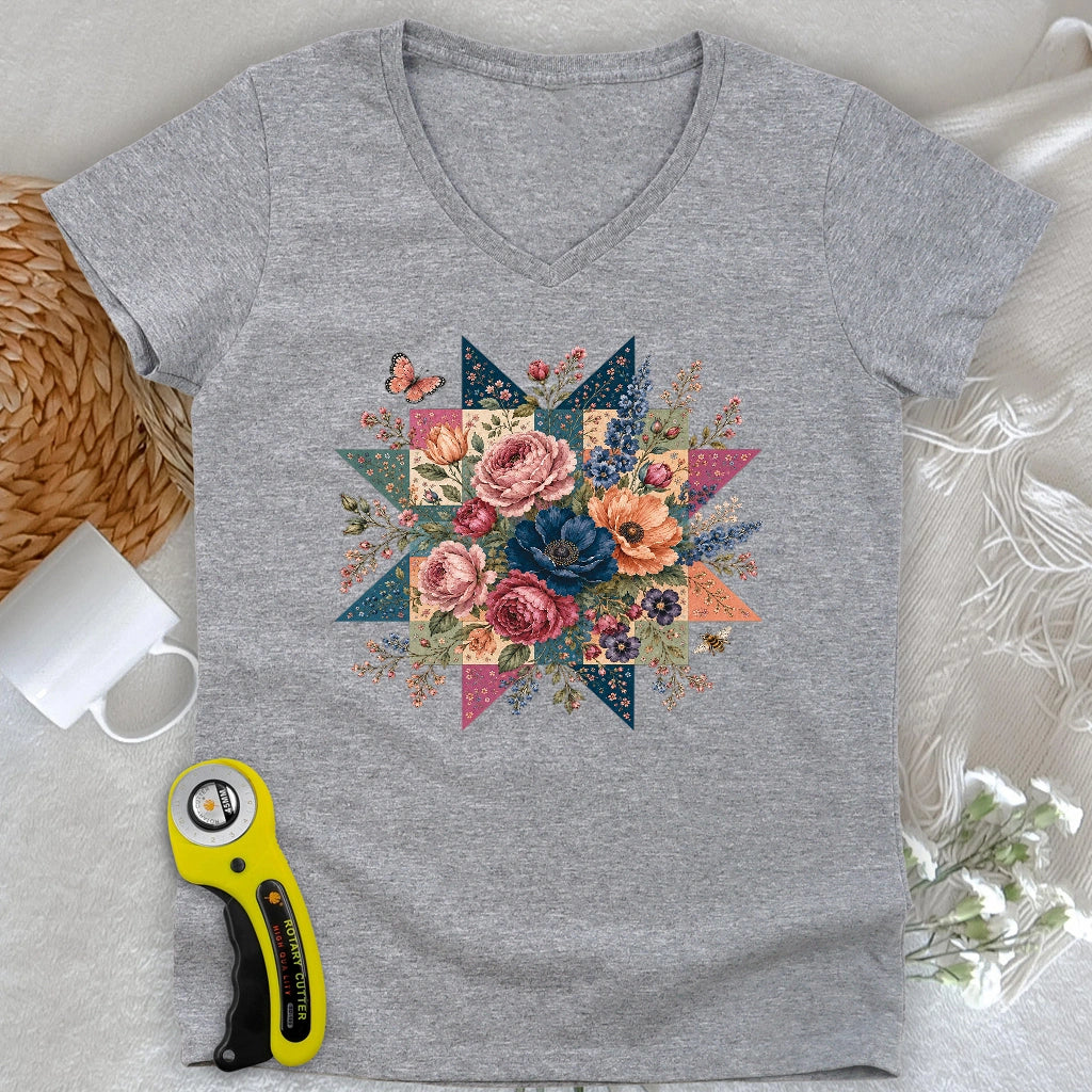 Blooming Patchwork Star Lady V-neck