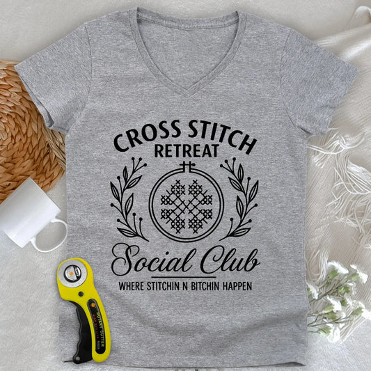 Cross Stitch Retreat Lady V-neck