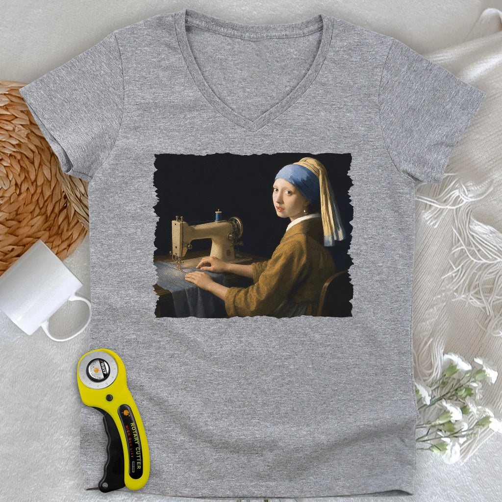 Girl With A Sewing Machine Lady V-neck