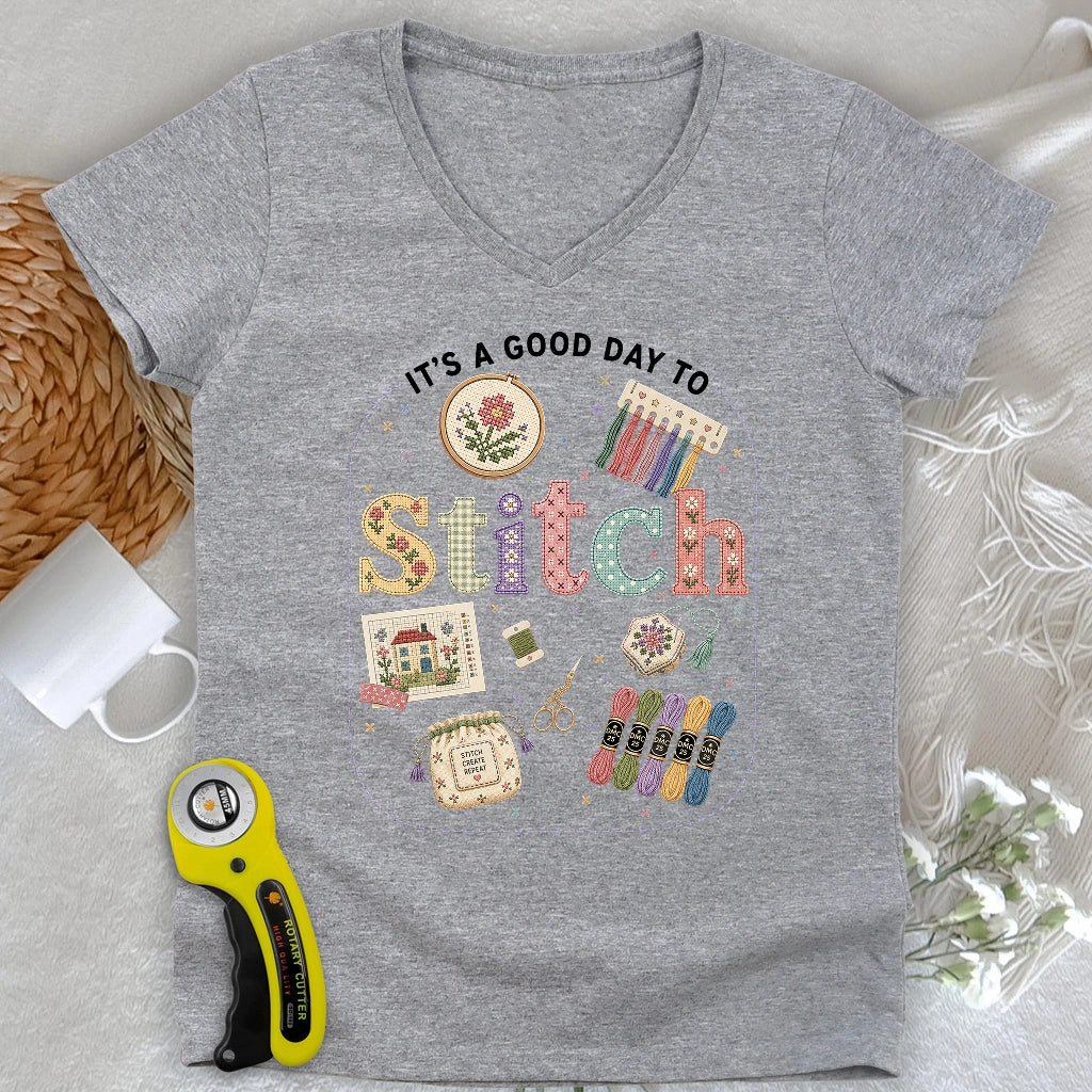 Good Day To Cross Stitch Lady V-neck