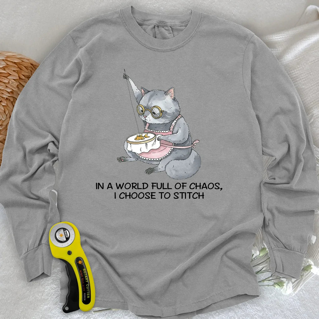 Langarm-T-Shirt "Oma Katze Näherin"