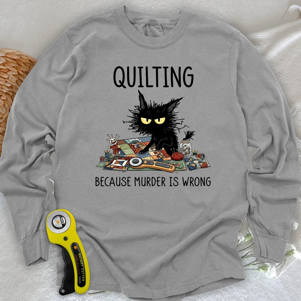 Mürrische Quilter-Katze Langarm-T-Shirt