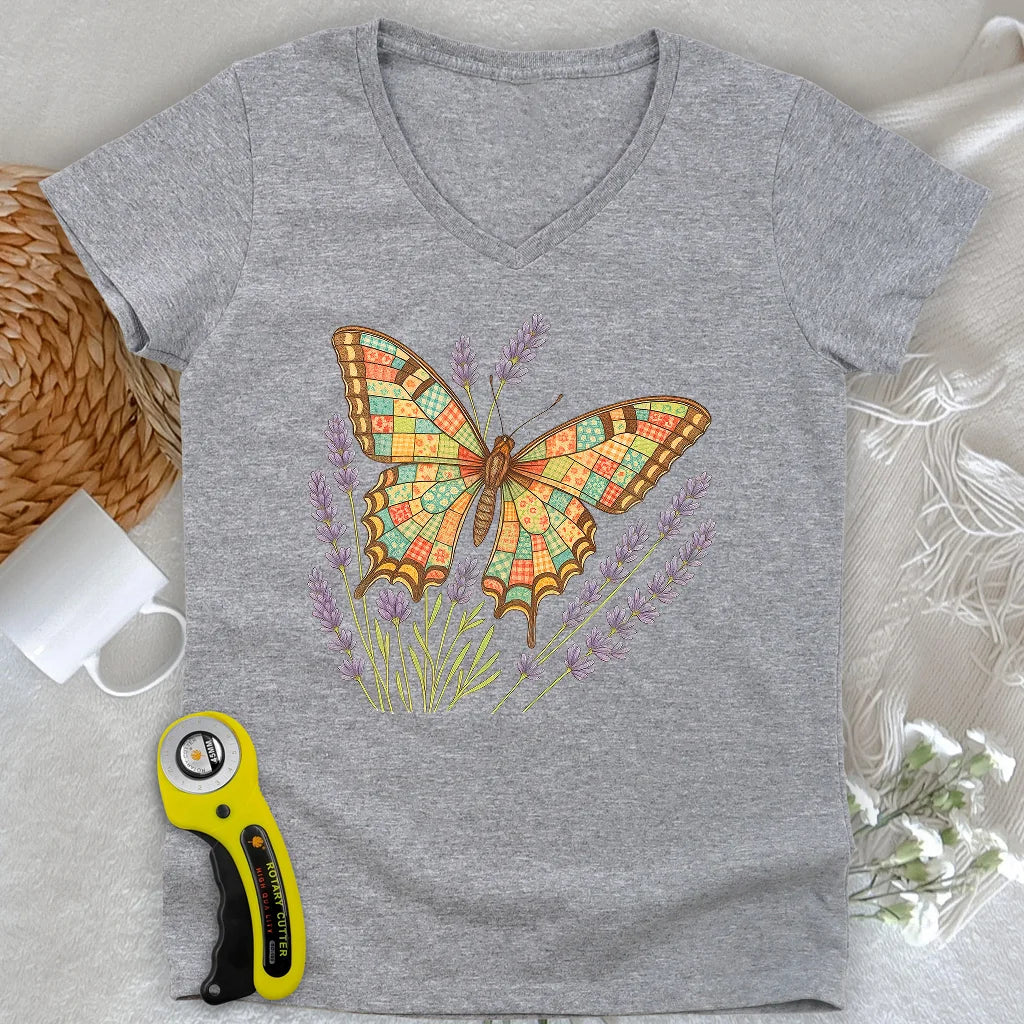 T-shirt papillon patchwork col en V pour femme
