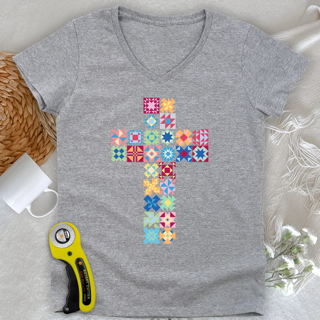 Patchwork Faith Cross Lady V-neck