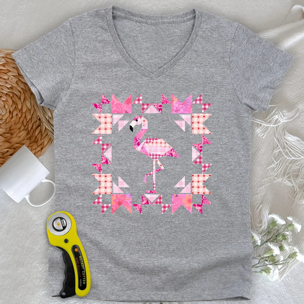 Patchwork Flamingo Panel Damen V-Ausschnitt