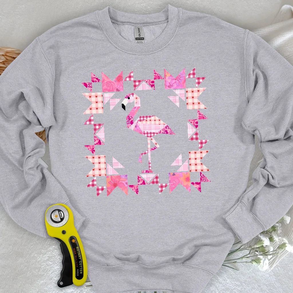 Sweat-shirt panneau patchwork flamant rose