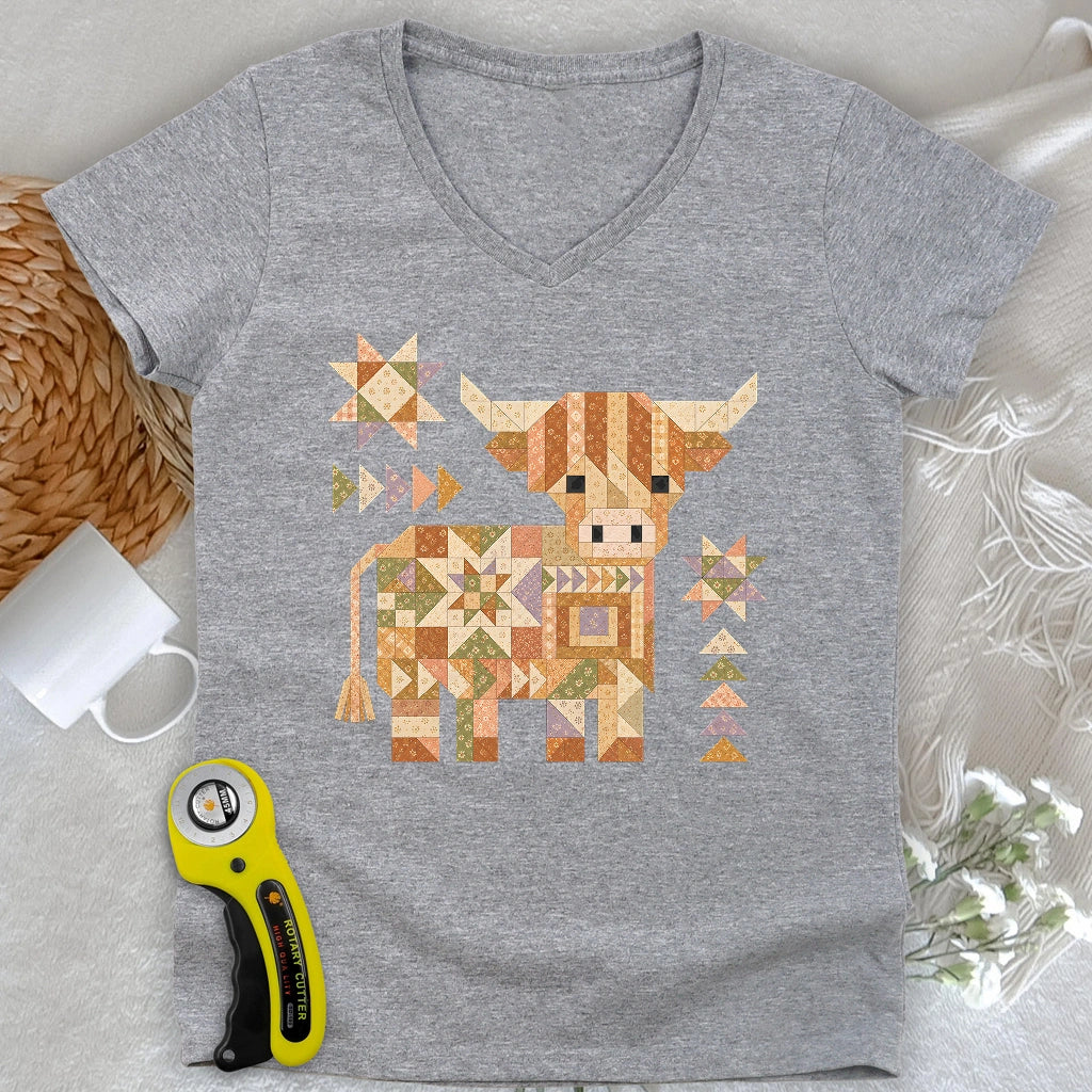 Patchwork Highland Cow Lady V-neck