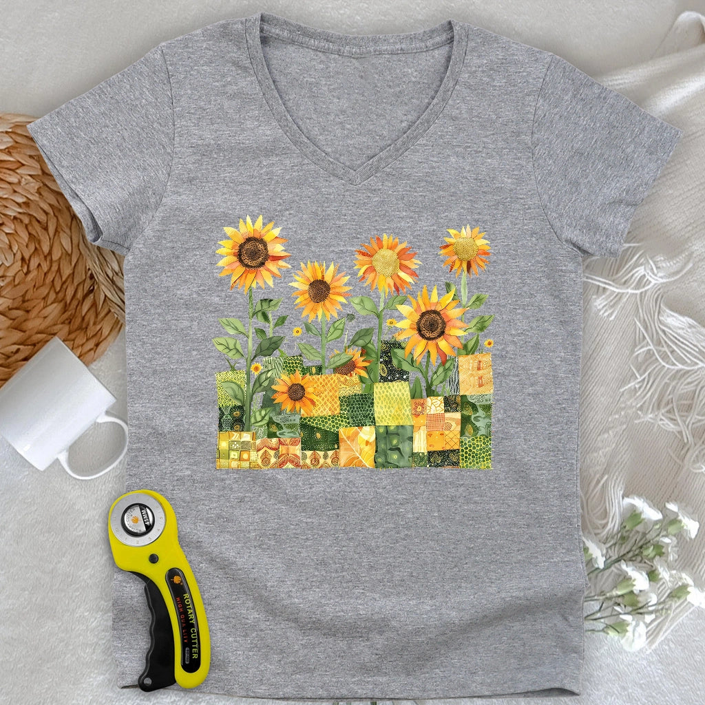 Quilted Sunflower Field Lady V-neck