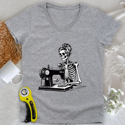 Quilting Skeleton Lady V-neck